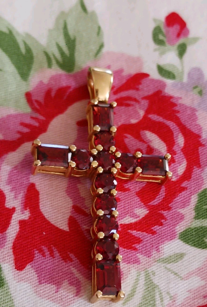 🌸JTV, VERMELLO GARNET, “ENHANCER”, CROSS, DESIGNER, FANCY “R” 18K OVER STERLING