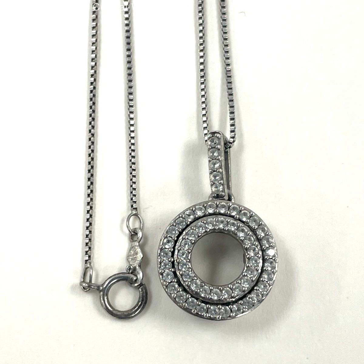 Sterling Silver 19″ White Sapphire Halo Open Center Pendant Necklace, 4.00g