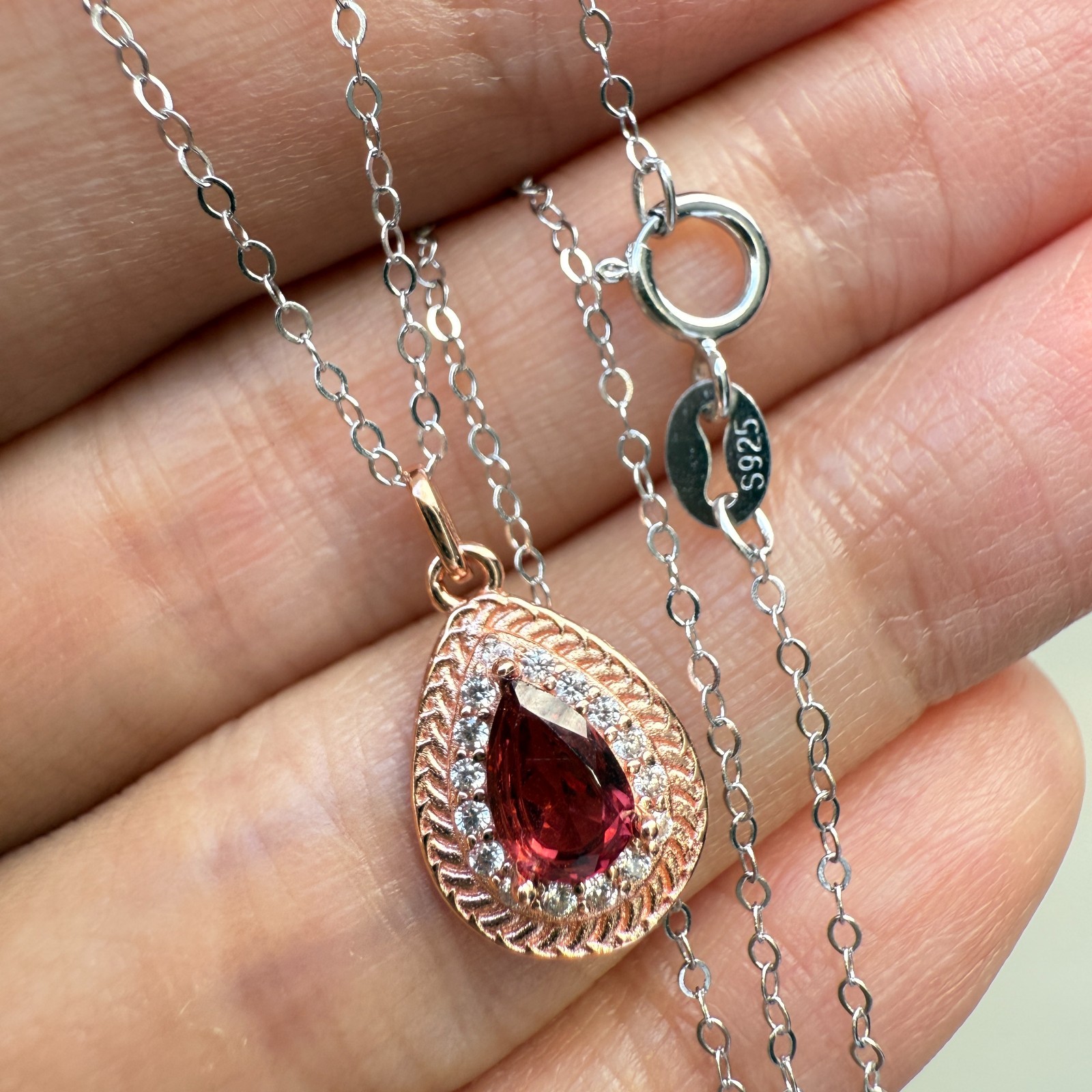 925 Sterling Silver Necklace 6x4mm Natural Garnet Gemstone Zircon Handmade Chain