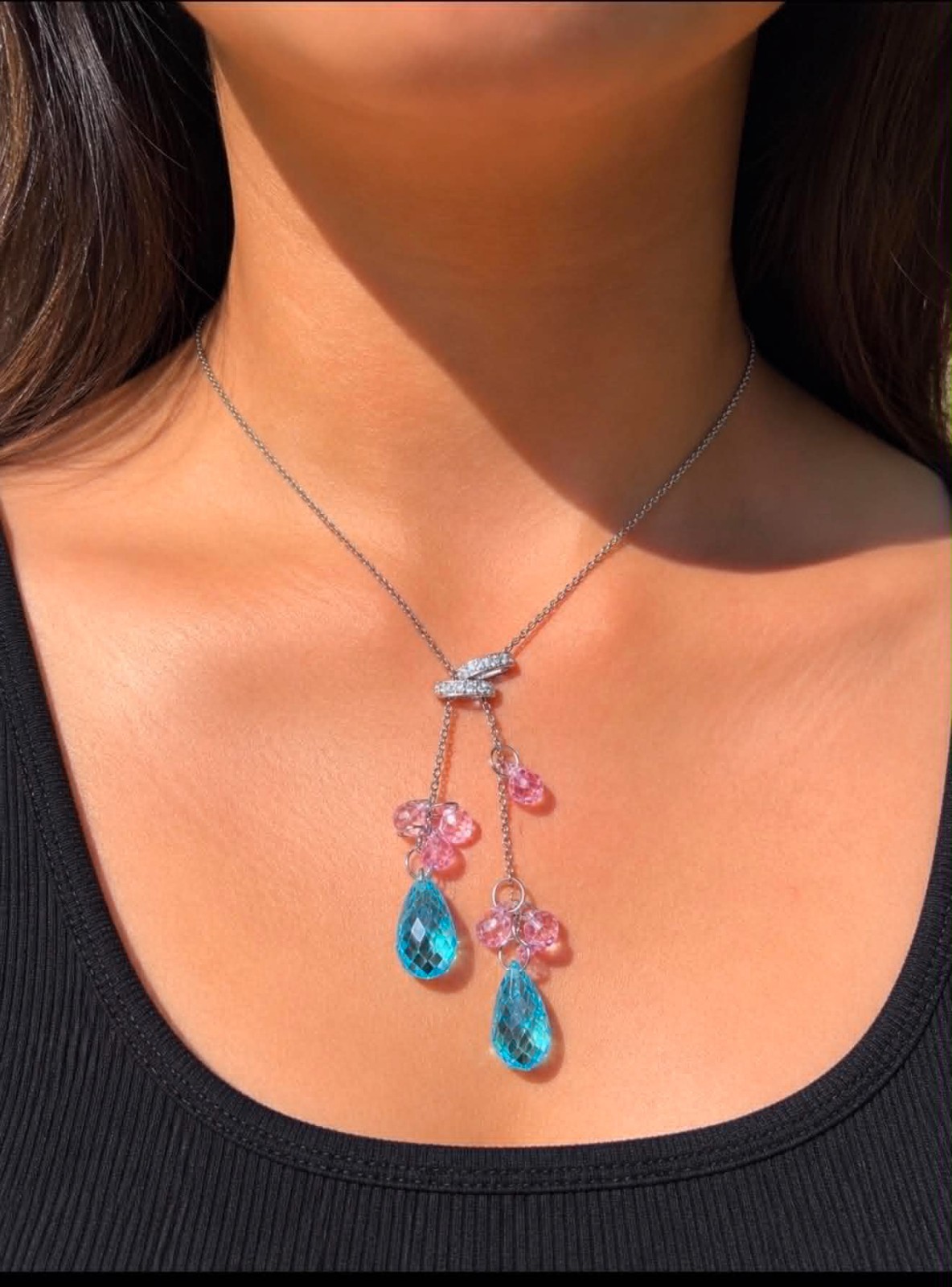 14K WHITE GOLD DIAMOND & BLUE PINK TOPAZ 2 INCH DANGLE PENDANT