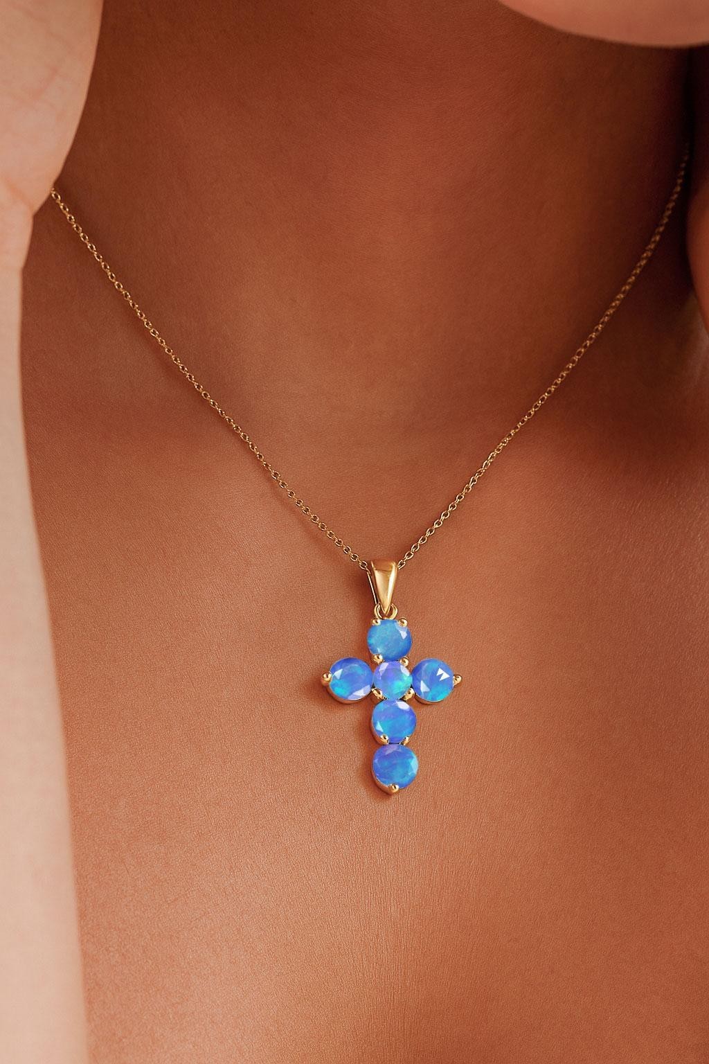 Genuine Blue Opal Gemstone Gold Cross Pendant, Natural Opal Gold Chain Pendant