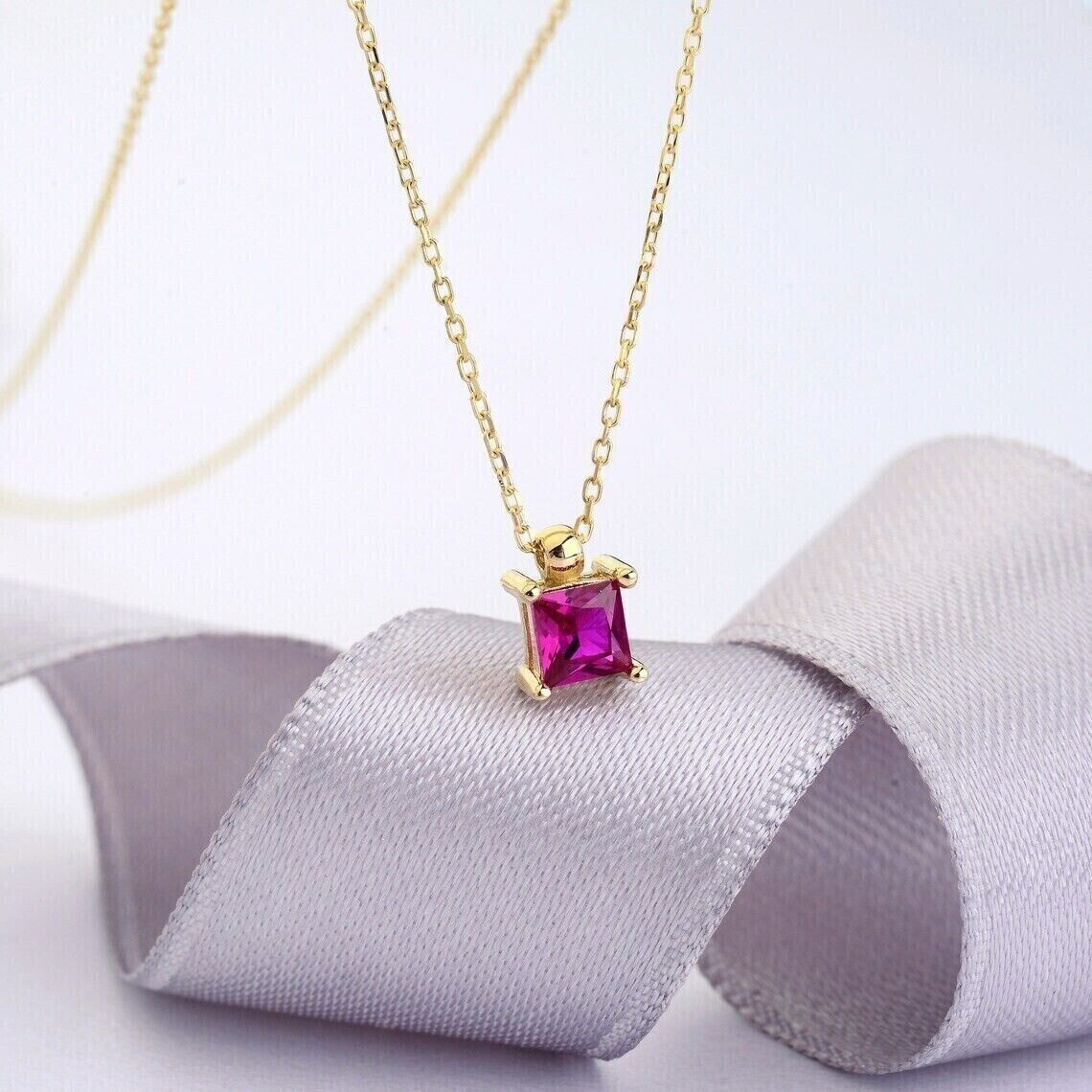 2 CT Princess Pink Ruby Solitaire Women Pendant Necklace 14K Yellow Gold Plated