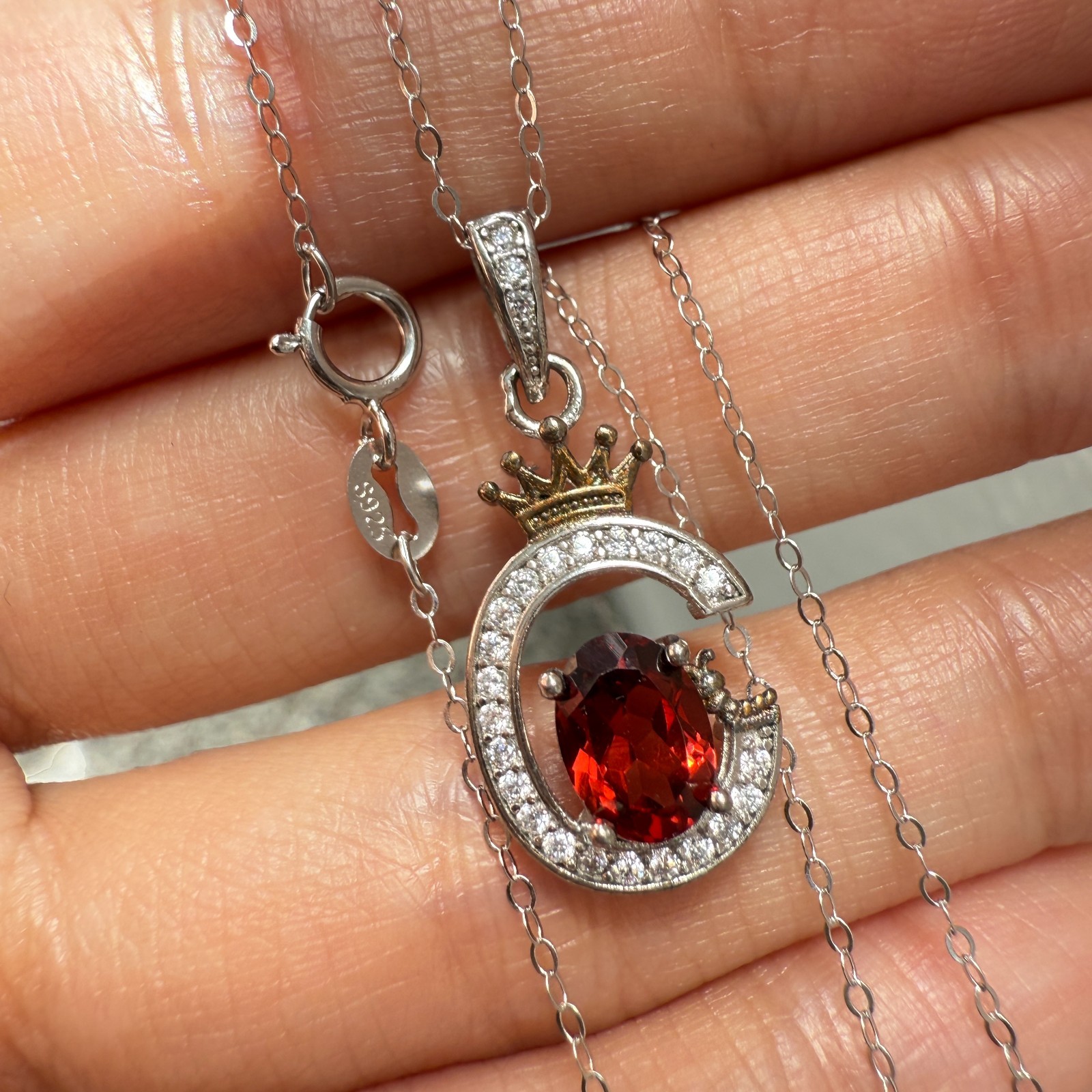 925 Sterling Silver Necklace 7x5mm Natural Garnet Zircon Crown Handmade Chain