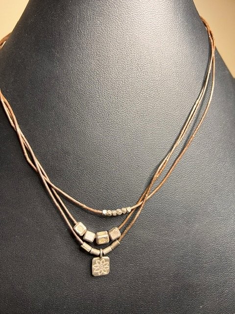 B5730 SATYA vintage patina Layered Necklace Metal Beads Brown Cord 16″