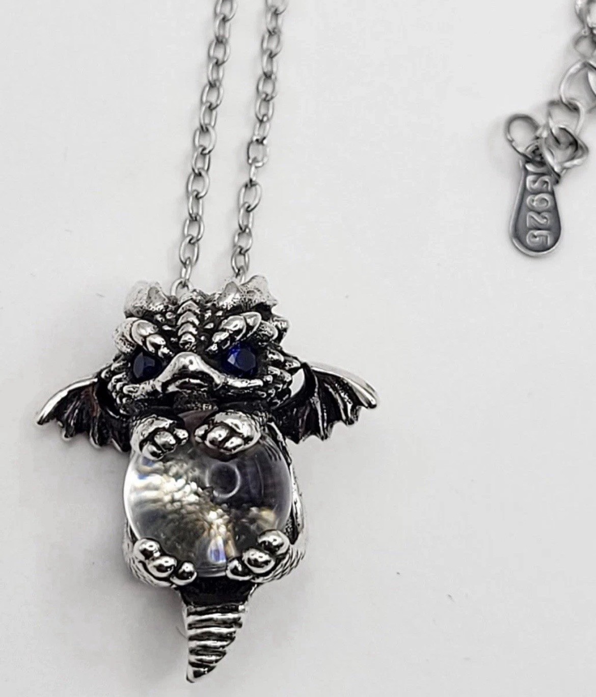 925 Sterling Silver Baby Dragon With Crystal Ball Necklace 17.7”