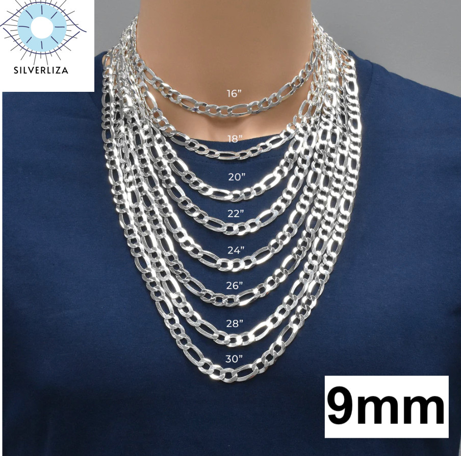 Sterling Silver Men’s Women’s Figaro Solid Chain Bracelet or Necklace 925 Italy