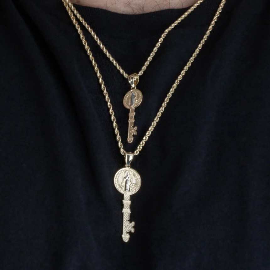 14k Yellow And White Gold Saint Benedict Medal Key Reversible Pendant REAL GOLD