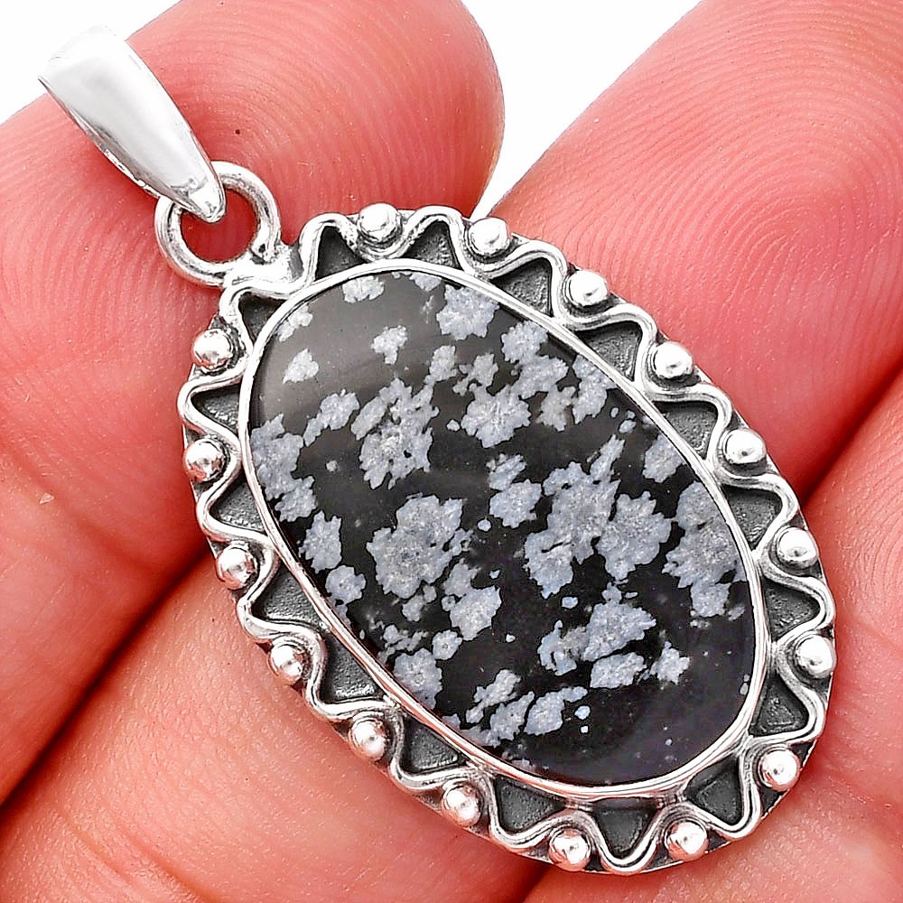 Natural Snow Flake Obsidian 925 Sterling Silver Pendant Jewelry P-1514