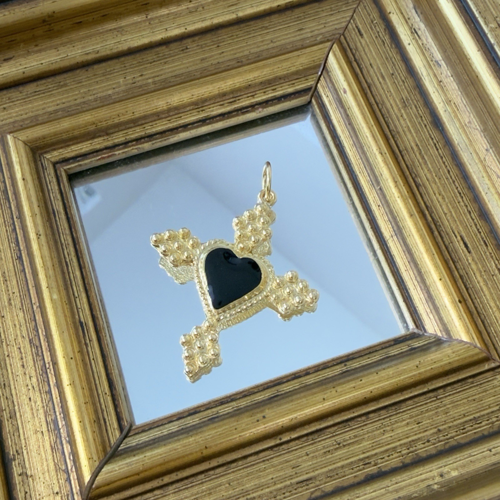 Gold-tone Sacred Heart Cross Pendant, Milagro / Ex-voto La Croix Charm with Onyx