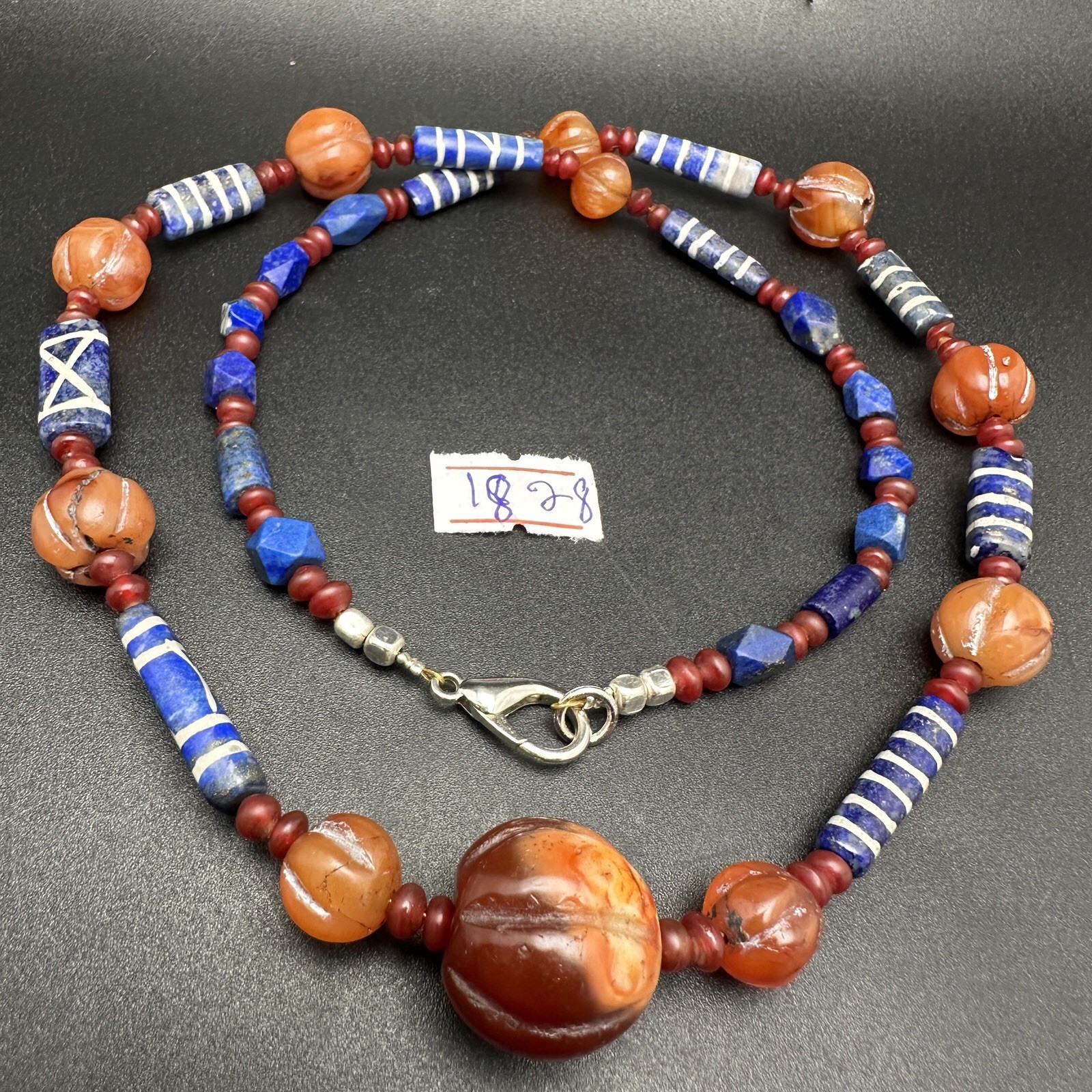 Genuine Antique Etched Lapis Carnelian Pyu Culture Beaded Beautiful Necklace