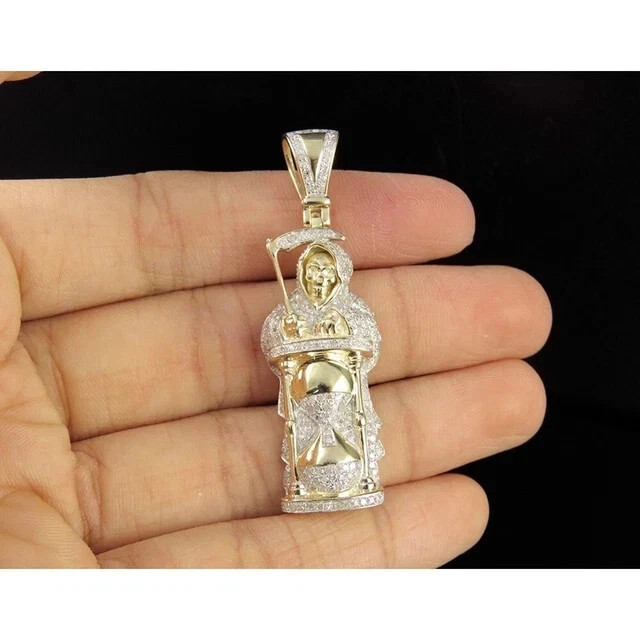 2Ct Round Real Moissanite Pendant Grim Reaper Hourglass 14K Yellow Gold Plated