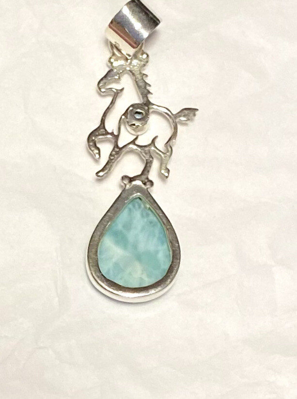 Lovely Larimar & Blue Topaz Horse Pendant 2” 925 Sterling Silver🌹