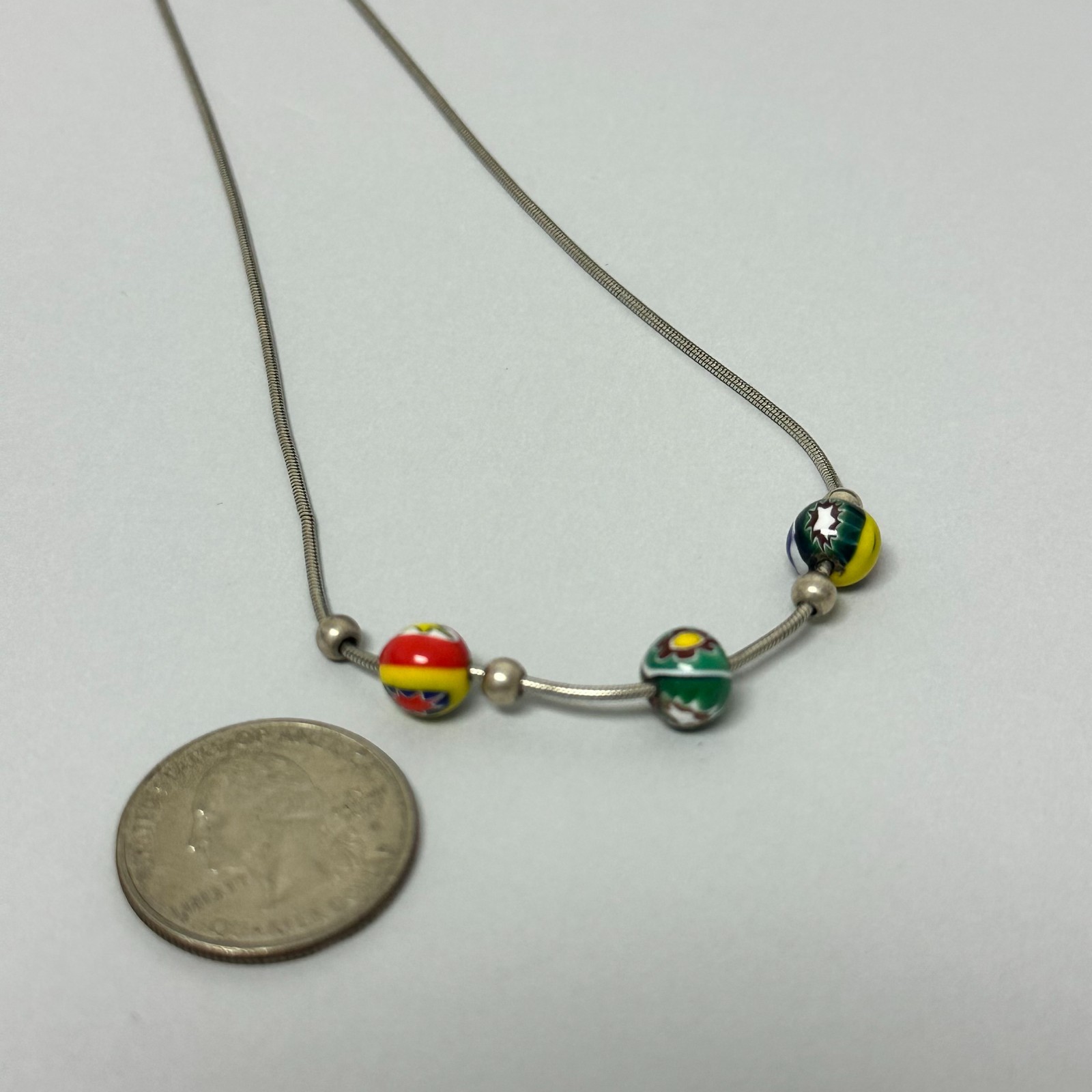 Sterling Silver Venetian Millefiori Beaded Necklace Snake Chain Italy Minimalist