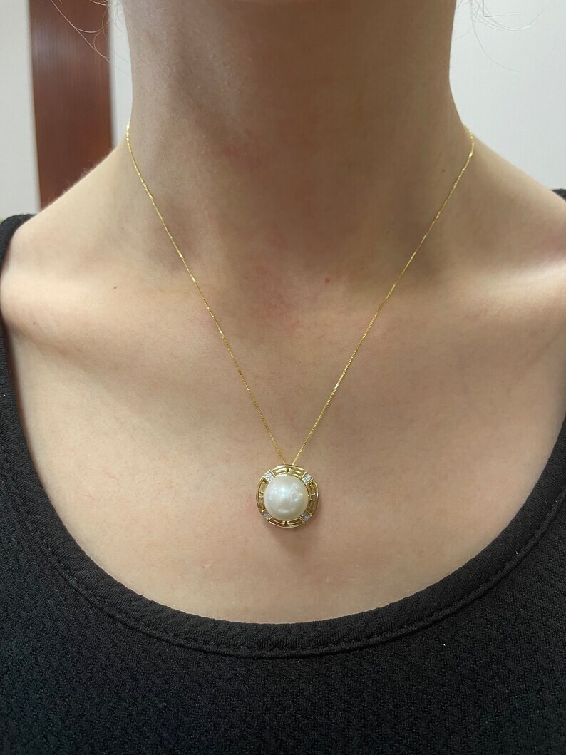 3.00 Ct Round White Pearl Women’s Halo Pendant 14K Yellow Gold Plated Silver