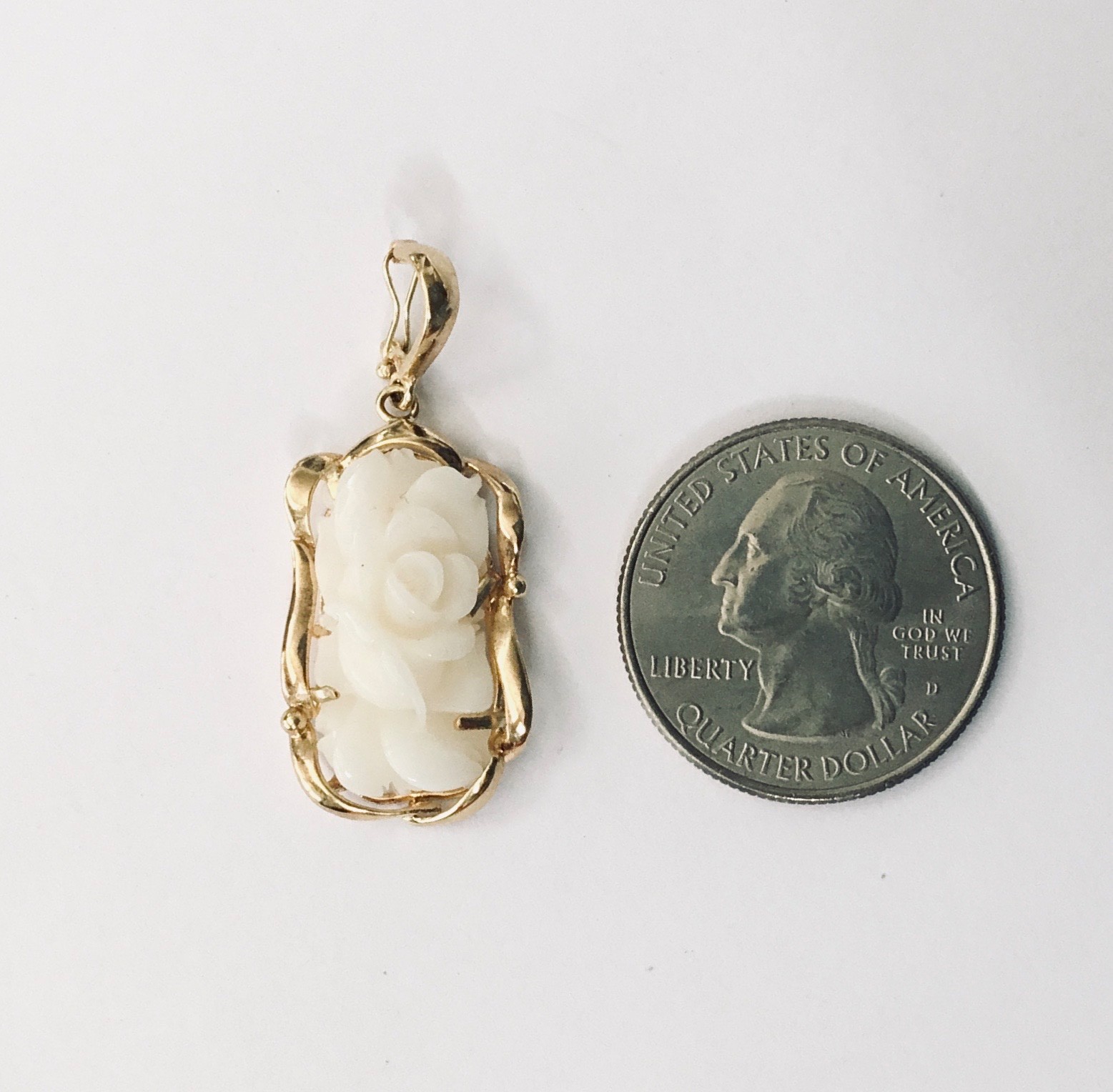Genuine Natural White Coral Hand Carved Flower 14K Yellow Gold Pendant Enhancer