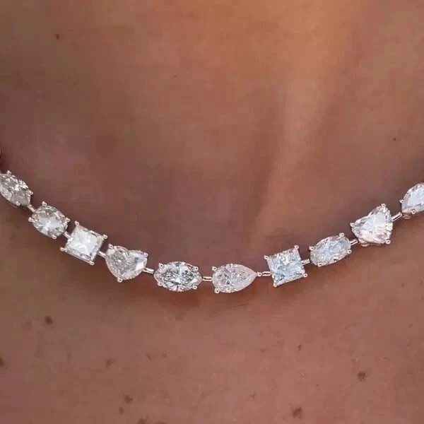 15CT Multi Cut Tennis Necklace Real Moissani 14K White Gold Plated Silver