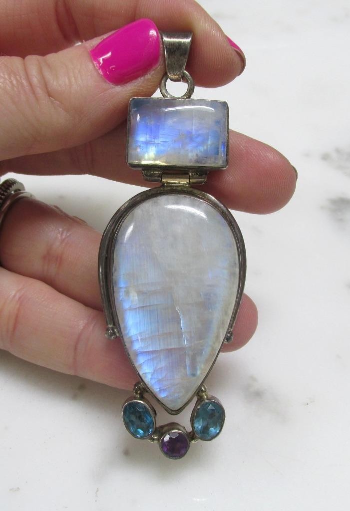 Moonstone Sterling Silver Dangle Pendant w/ Unknown Stone Accents 35.2g ~ 4-G445