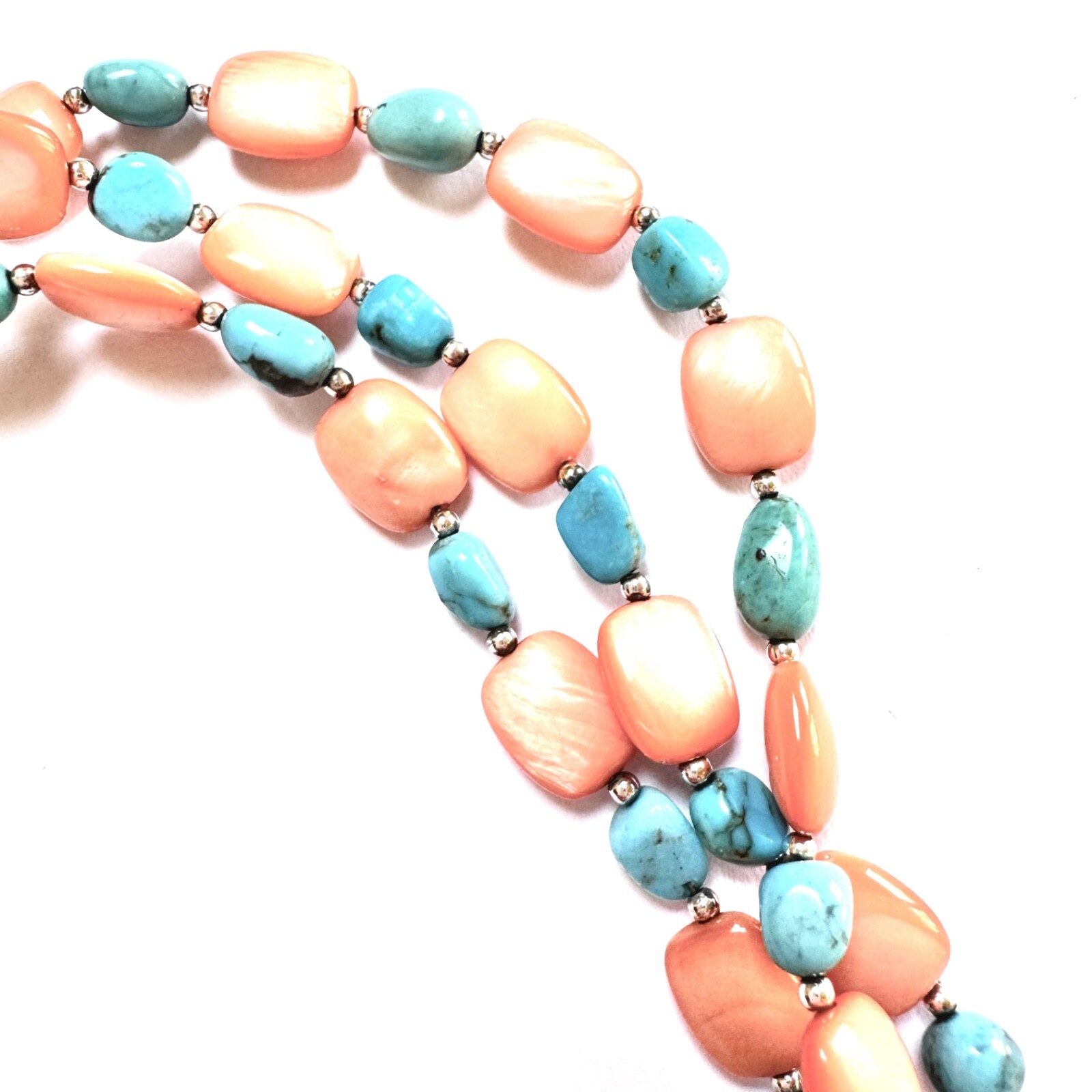 TURQUOISE Necklace Sterling Coral Mother of Pearl Bead 3-Strand VERY GOOD COND