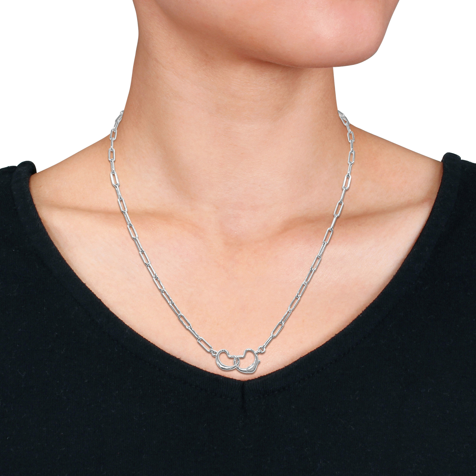 Amour Sterling Silver Paperclip Link with Double Heart Clasp Necklace – 20 in.