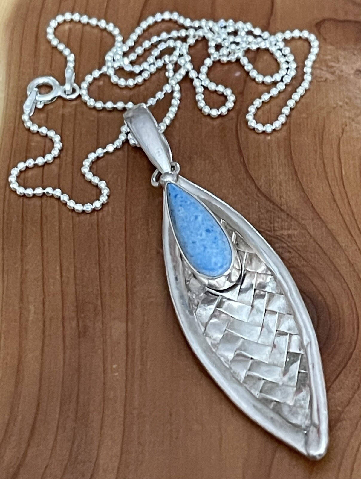 Vintage Sajen 925 Sterling Denim Lapis Woven Basket Design Pendant Necklace 20”