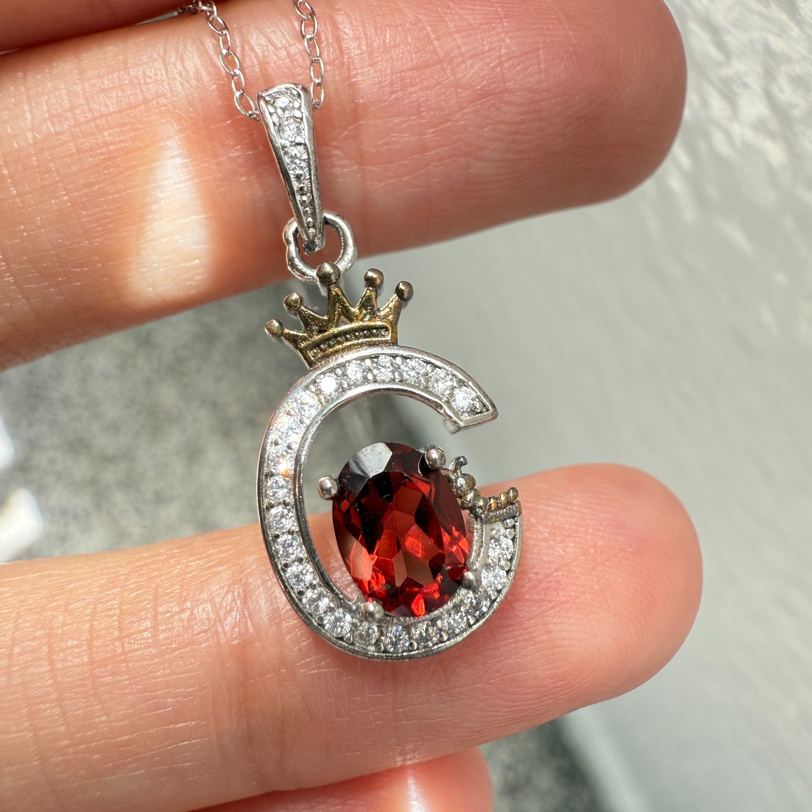 925 Sterling Silver Necklace 7x5mm Natural Garnet Zircon Crown Handmade Chain