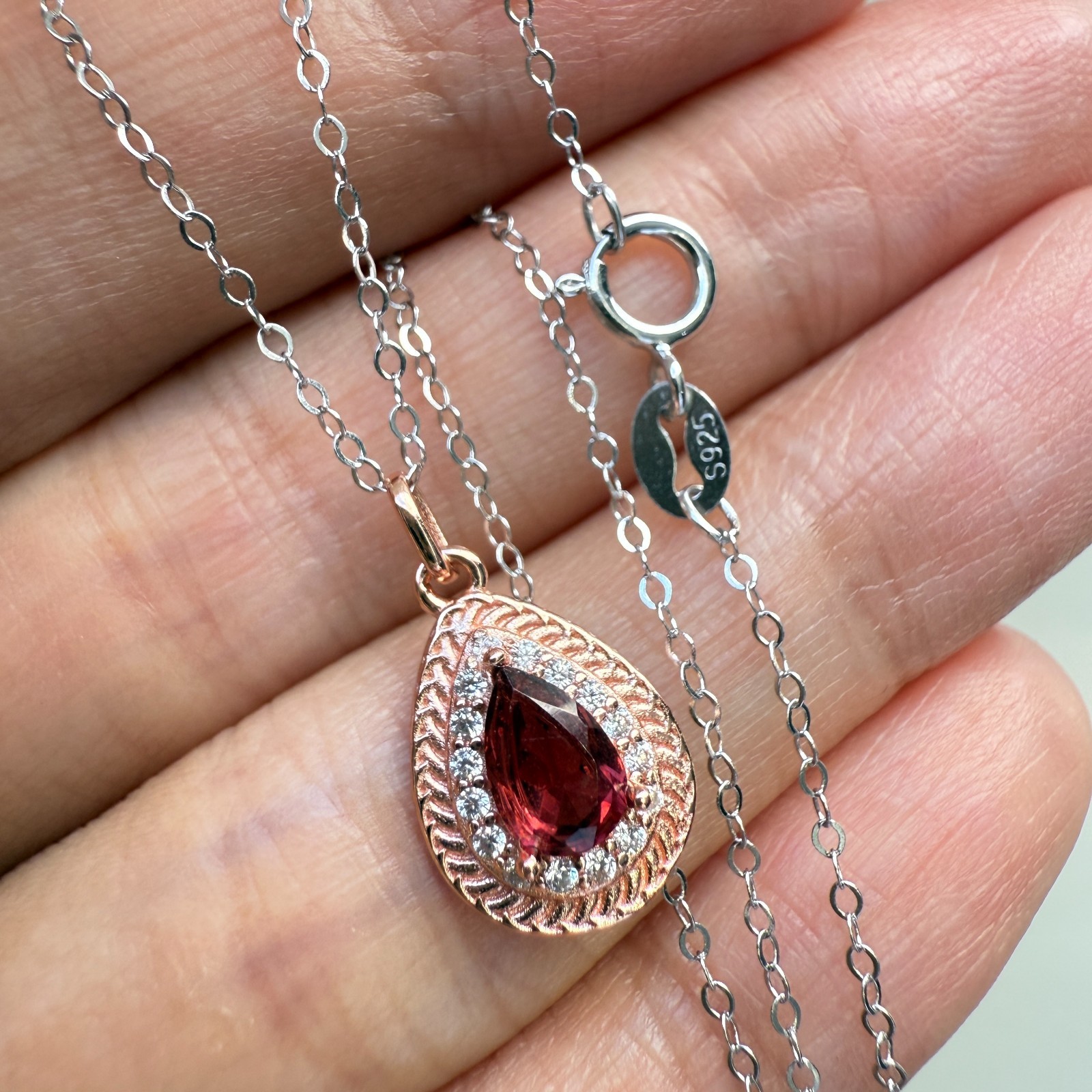 925 Sterling Silver Necklace 6x4mm Natural Garnet Gemstone Zircon Handmade Chain