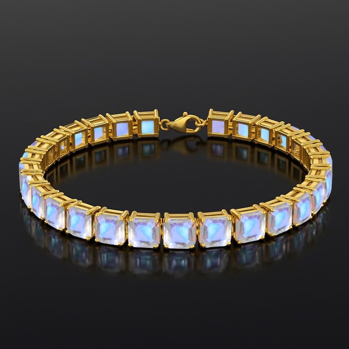 White Rainbow moonstone tennis bracelet October bracelet jewelry 18k solid gold