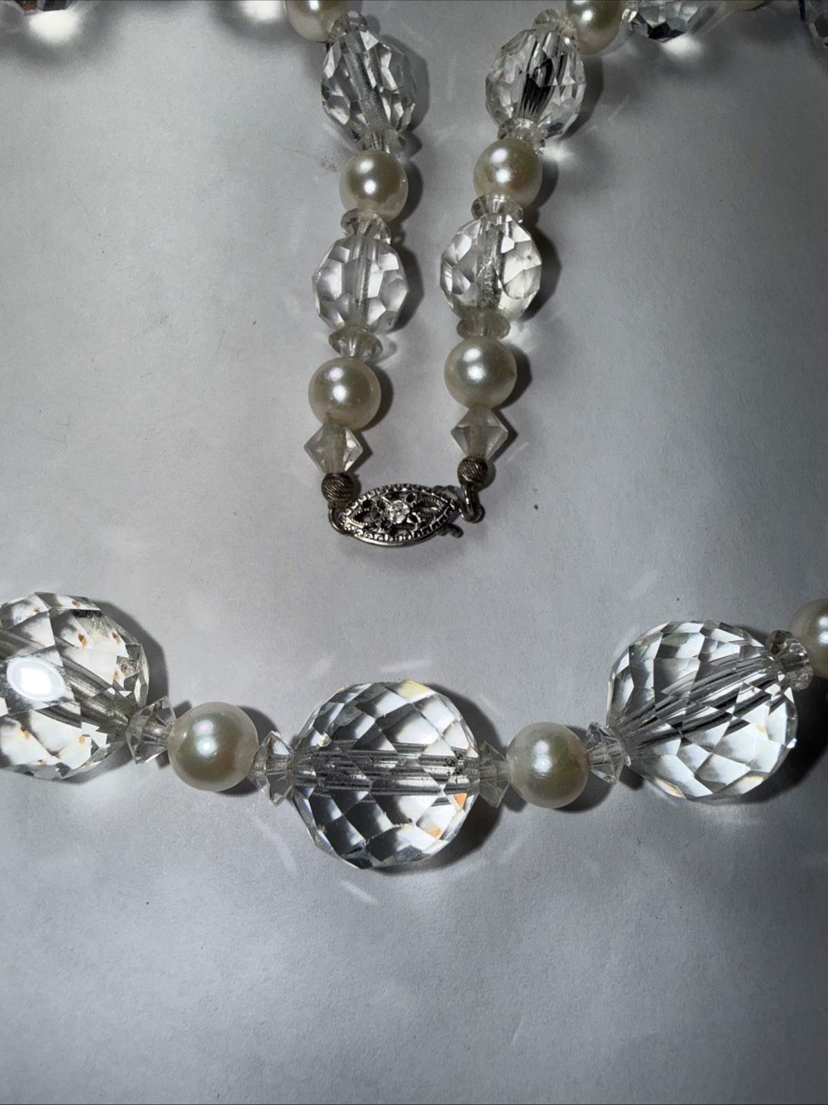 necklace 14k White Gold Akoya Pearl Faceted Crystal 17.5” Unusual One of A Kind