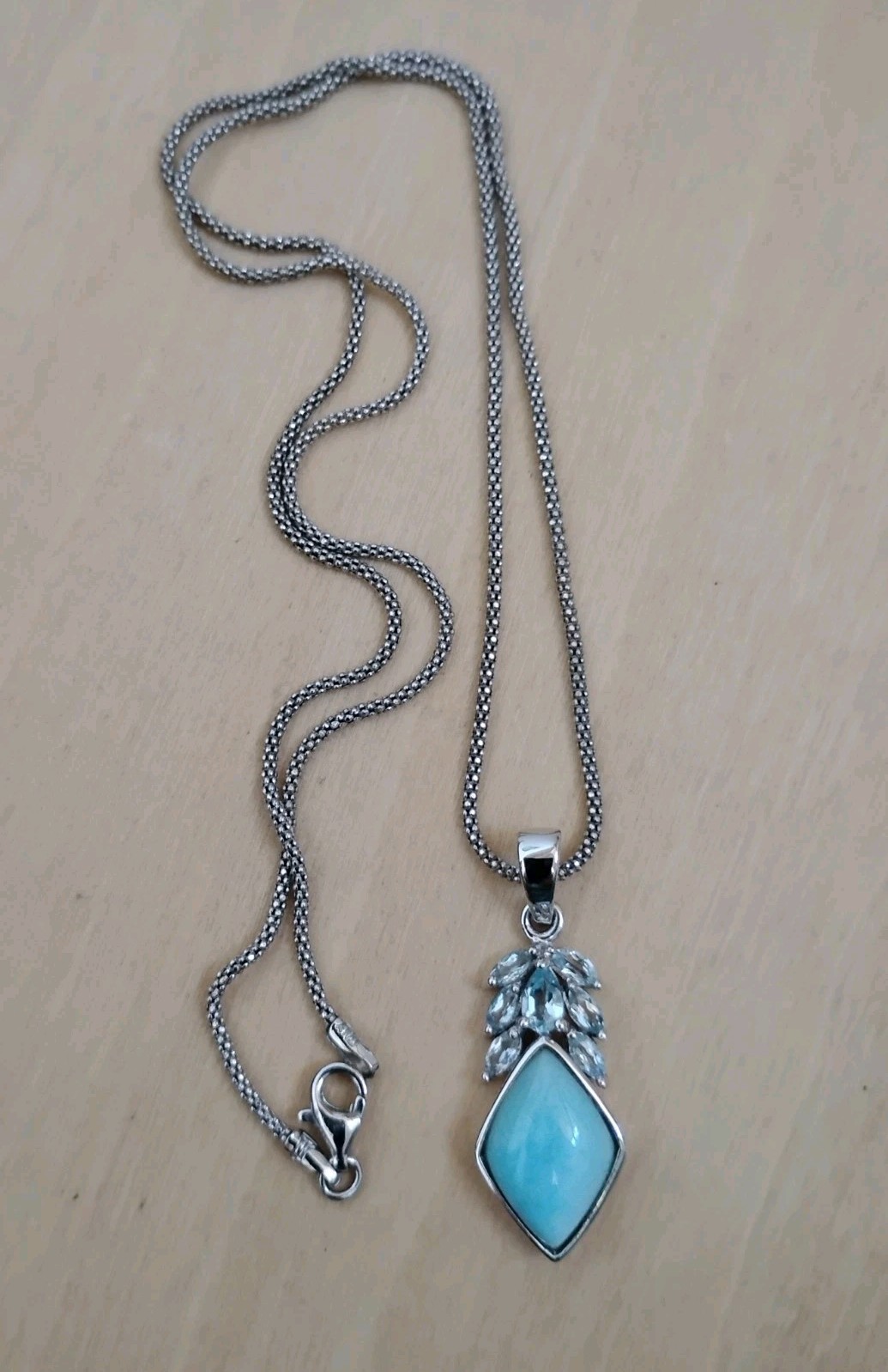 CFJ Thailand Larimar Blue Topaz Pendant Necklace Rhodium Plated Sterling Silver