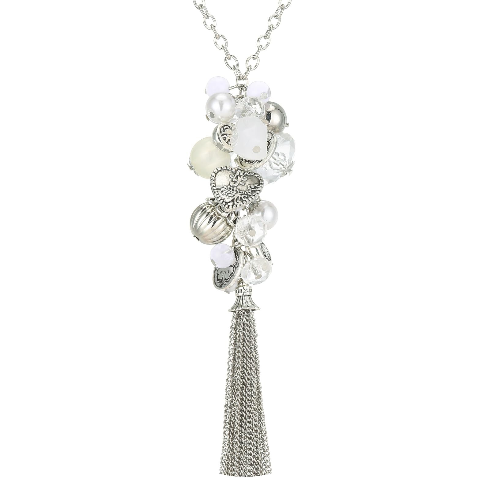 Silver Long Tassel Necklaces for Women Boho Chain Necklace with Tassel Beaded Pe