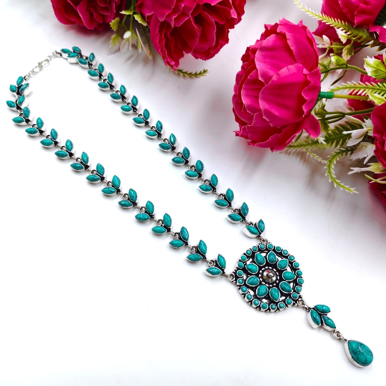 Turquoise Handmade Gemstone 925 Sterling Silver Jewelry Necklace Size-17-18″
