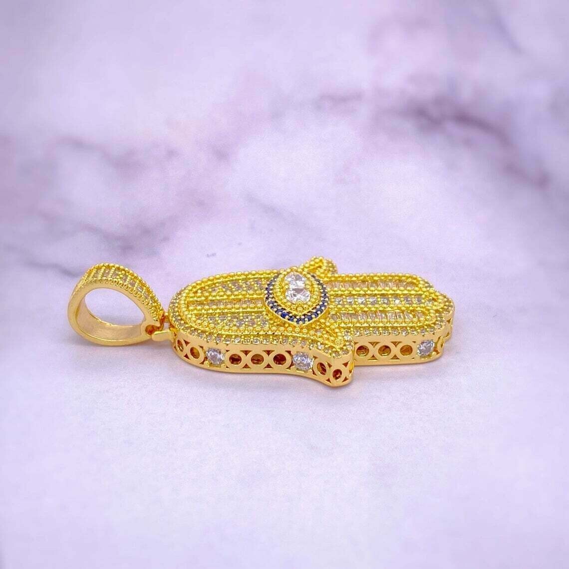 Men’s 14k Yellow Gold Finish D/VVS1 Diamond Hamsa Hand Pendant Charm 2.70 Carat