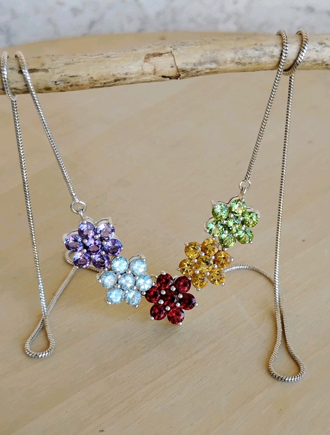Thai Sterling Silver 925 Multi-Gem Floral Necklace Garnet Amethyst Topaz 20.5″