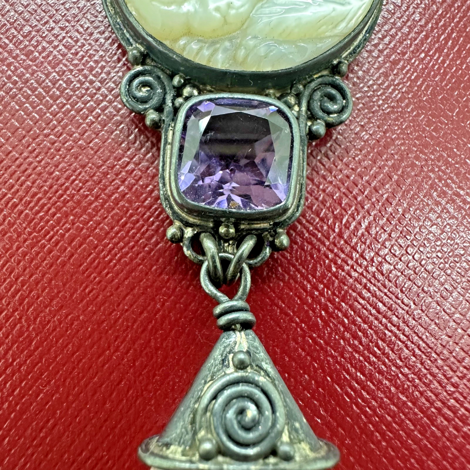 SAJEN STERLING SILVER CARVED MOP CAT AMETHYST & ROSE QUARTZ DANGLE PENDANT