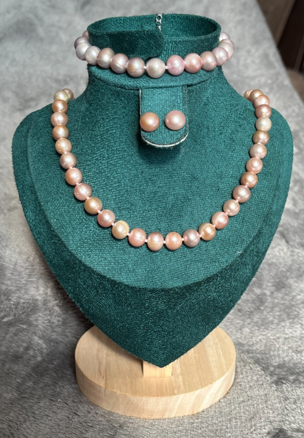 7.4mm-8.5mm Lavender Pearl Necklace Bracelet Earrings Set 45-50/19-24cm S925