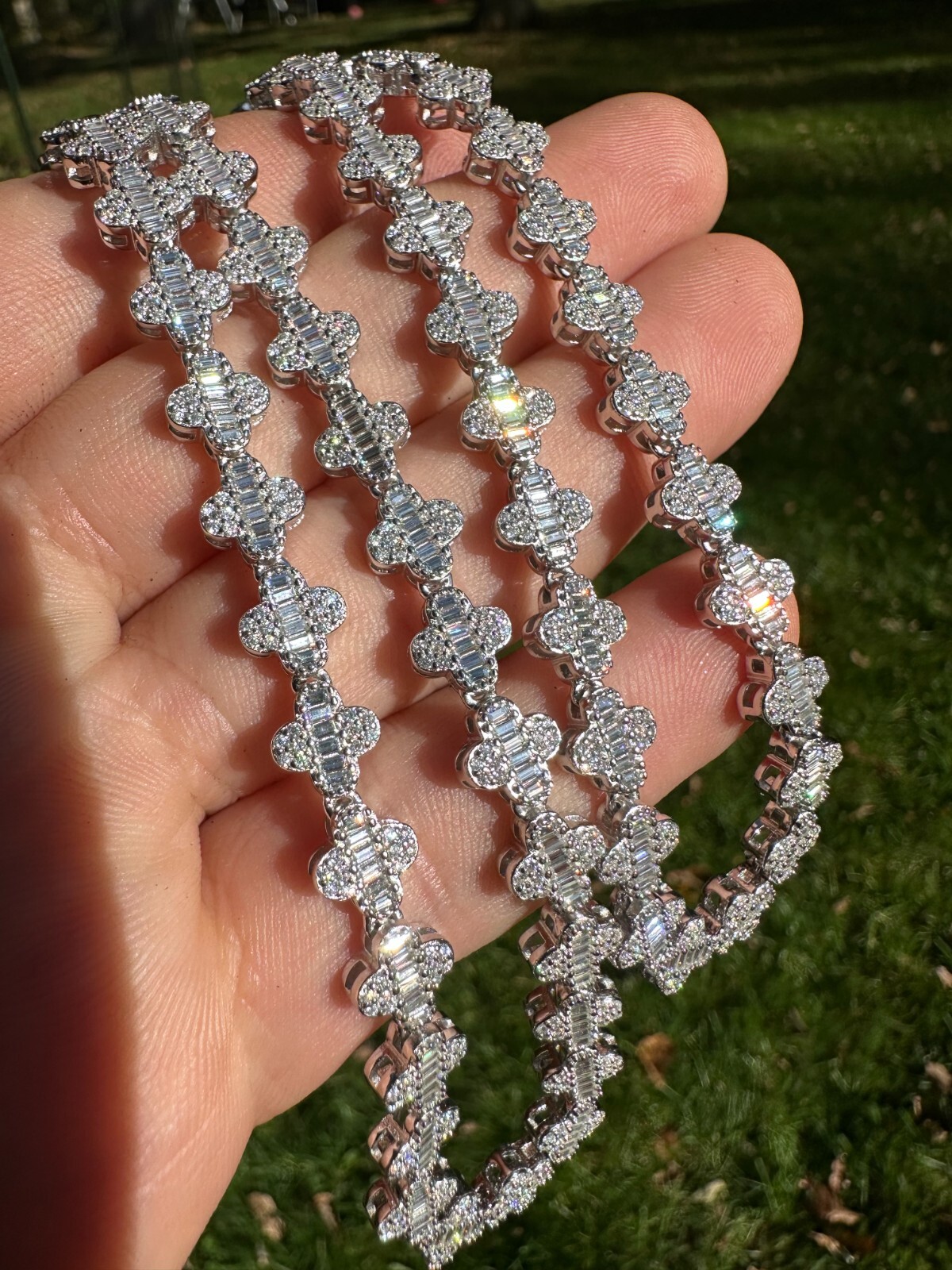 Real Iced MOISSANITE Baguette Clover Tennis Chain Necklace – VVS D Color 8mm