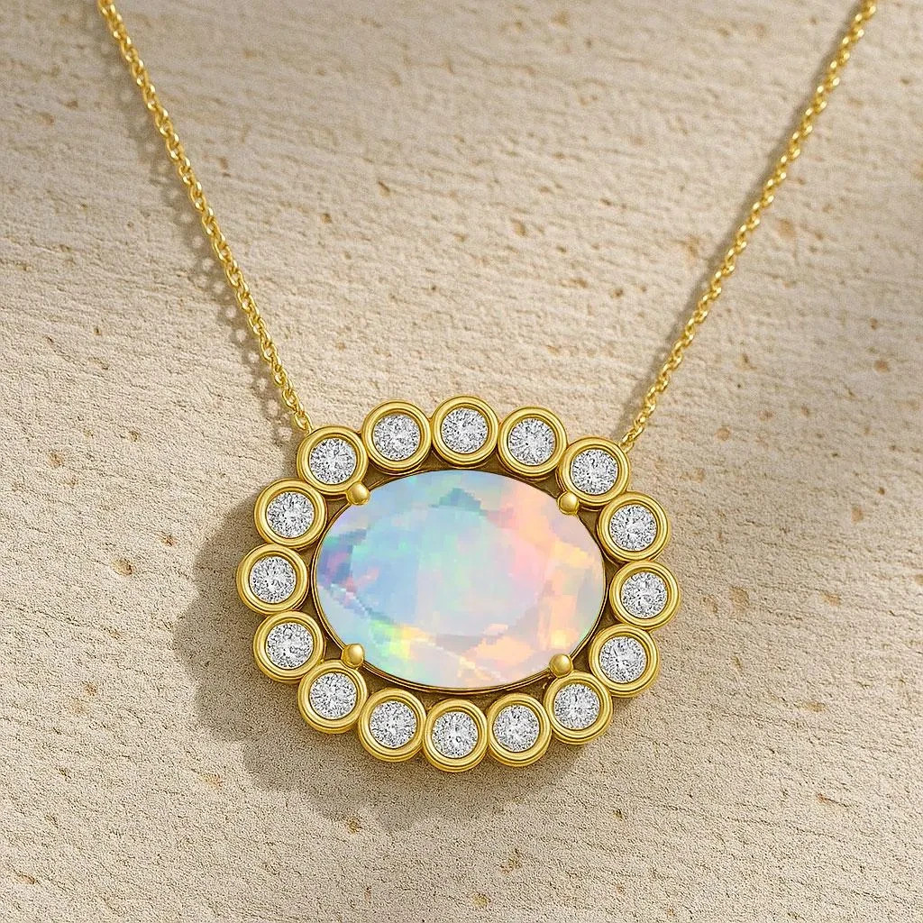 White Opal Gemstone Oval Charm Pendant, Natural Fire Opal Chain Pendant Necklace