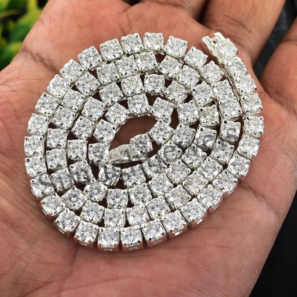 Real 925 Sterling Silver 5 mm Round Cut White Diamond Tennis Chain Necklace