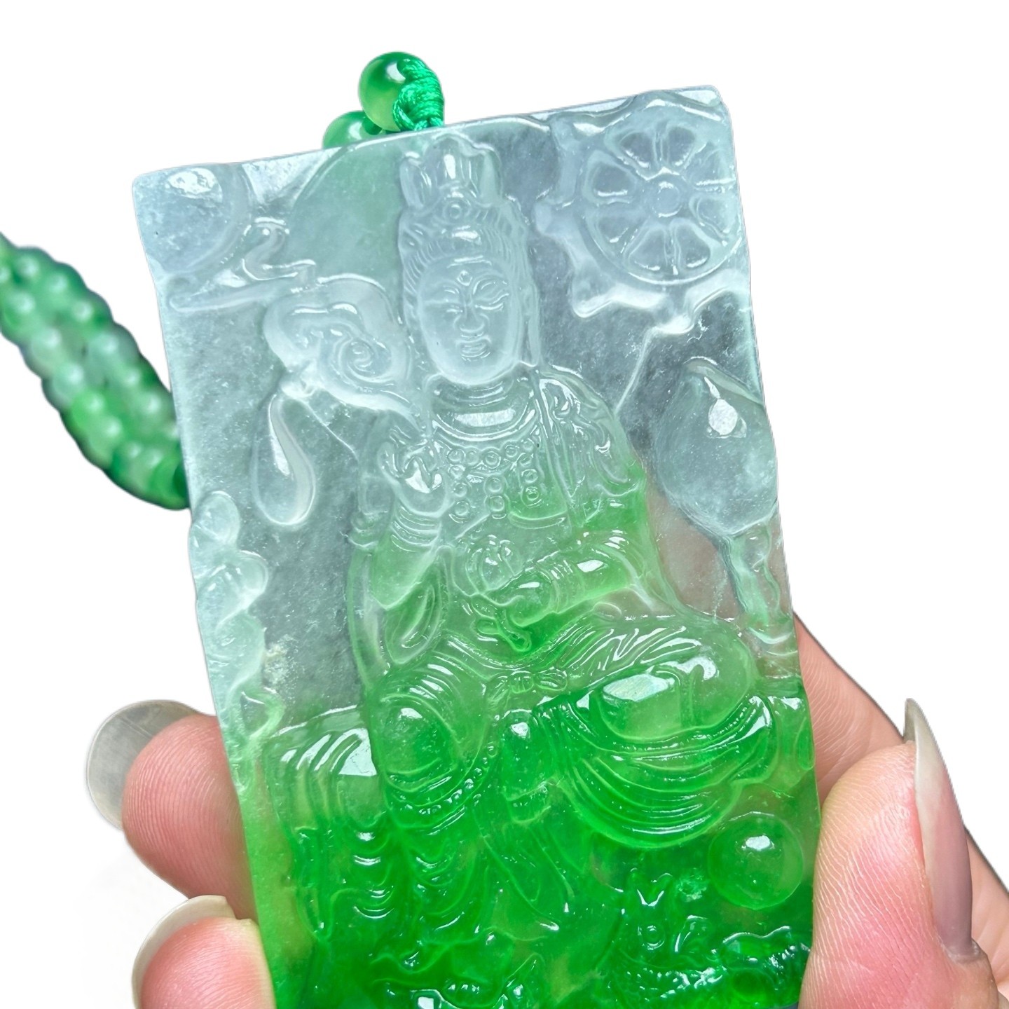 Certified Natural Ice Green Burmese Jadeite Carved Buddha Pendant Necklace