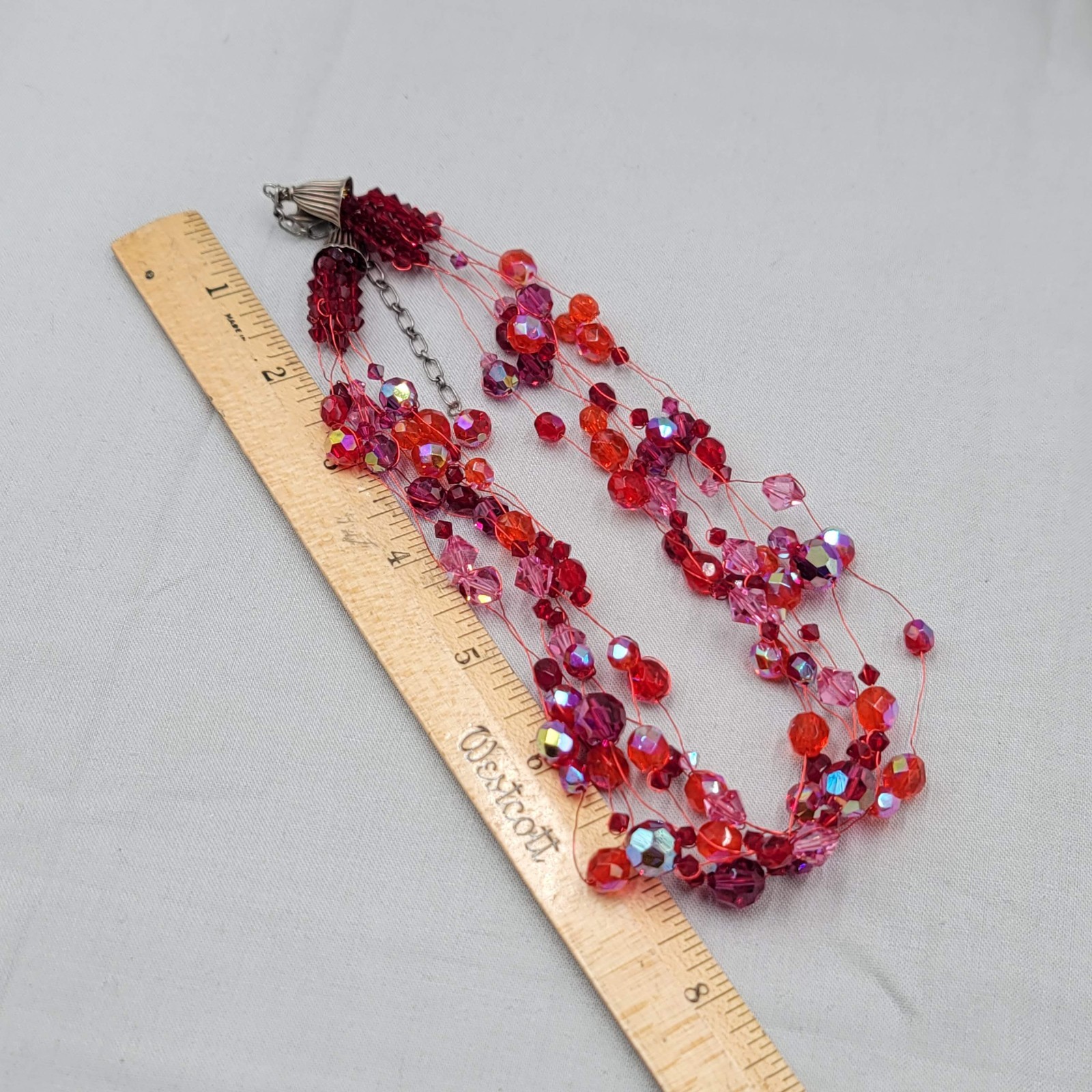 Sterling Silver Necklace 925 Red Glass Bead Layered Wire Multistrand 18″ adj