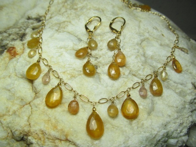 Sri Lanka Golden SAPPHIRE faceted briolette beads 14k Gold Filled Necklace set