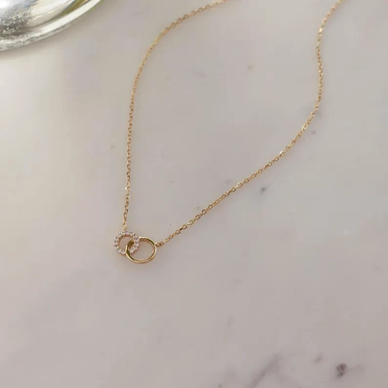 Infinity Interlocking Circle Necklace VVSI Real Moissanite 14k Yellow Gold Over