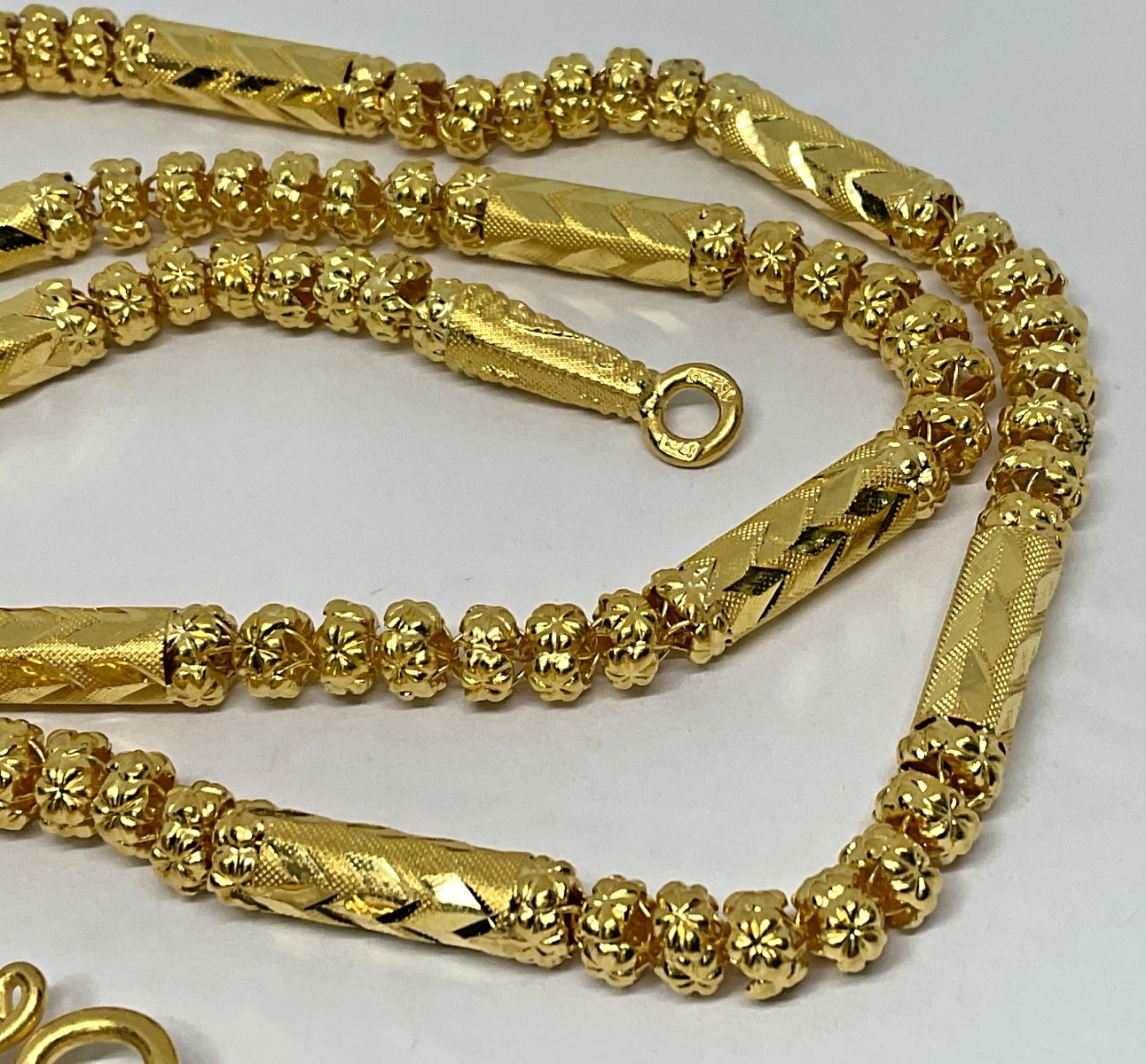 Thai 23K Solid Yellow Gold Bead Bamboo Link Necklace 30.5 Grams Tested 24″ long