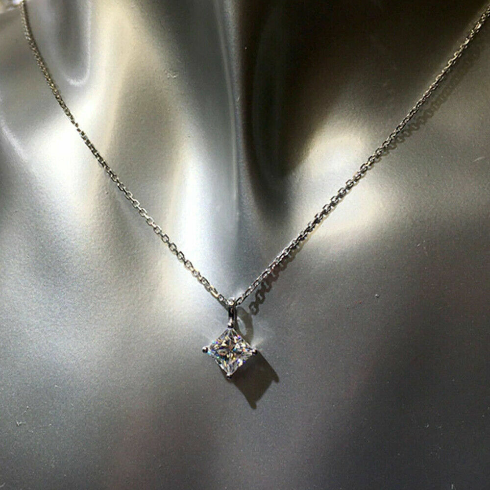 3.00Ct Princess Cut Moissanite 4 Prong Solitaire Necklace 10K Solid White Gold