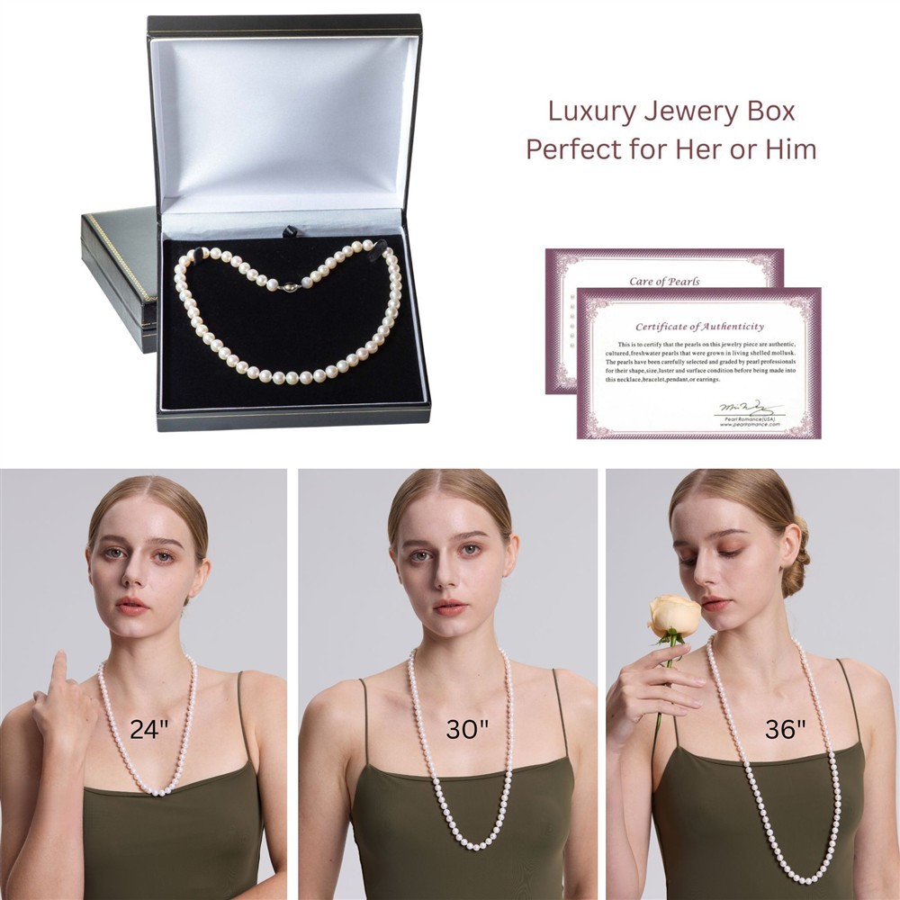 Long 30 Inch Genuine 8-9mm ROUND White Pearl Strand Necklace Cultured Freshwater