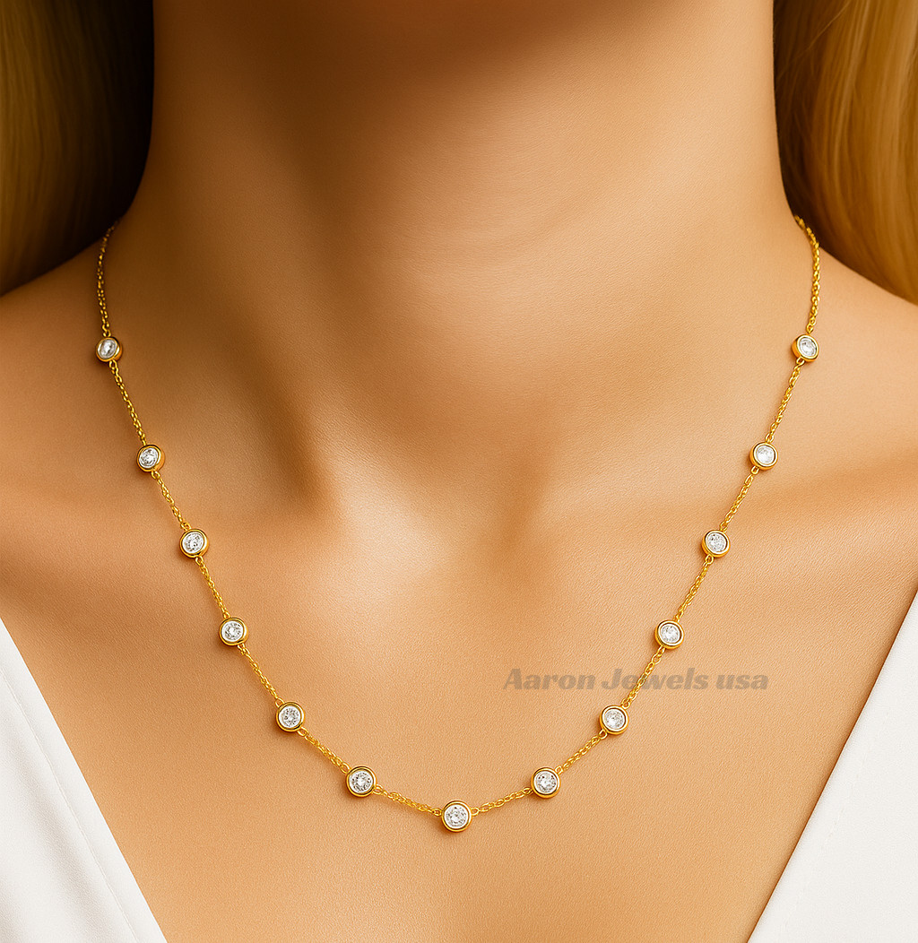 3.25Ct Round Lab Created Diamond Bezel Station Necklace 14K Yellow Gold IGI 18″
