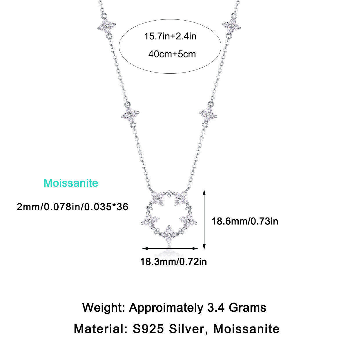 Round Cut VVS1 Moissanite 18” Women Pendant Chain Necklace 925 Sterling Silver