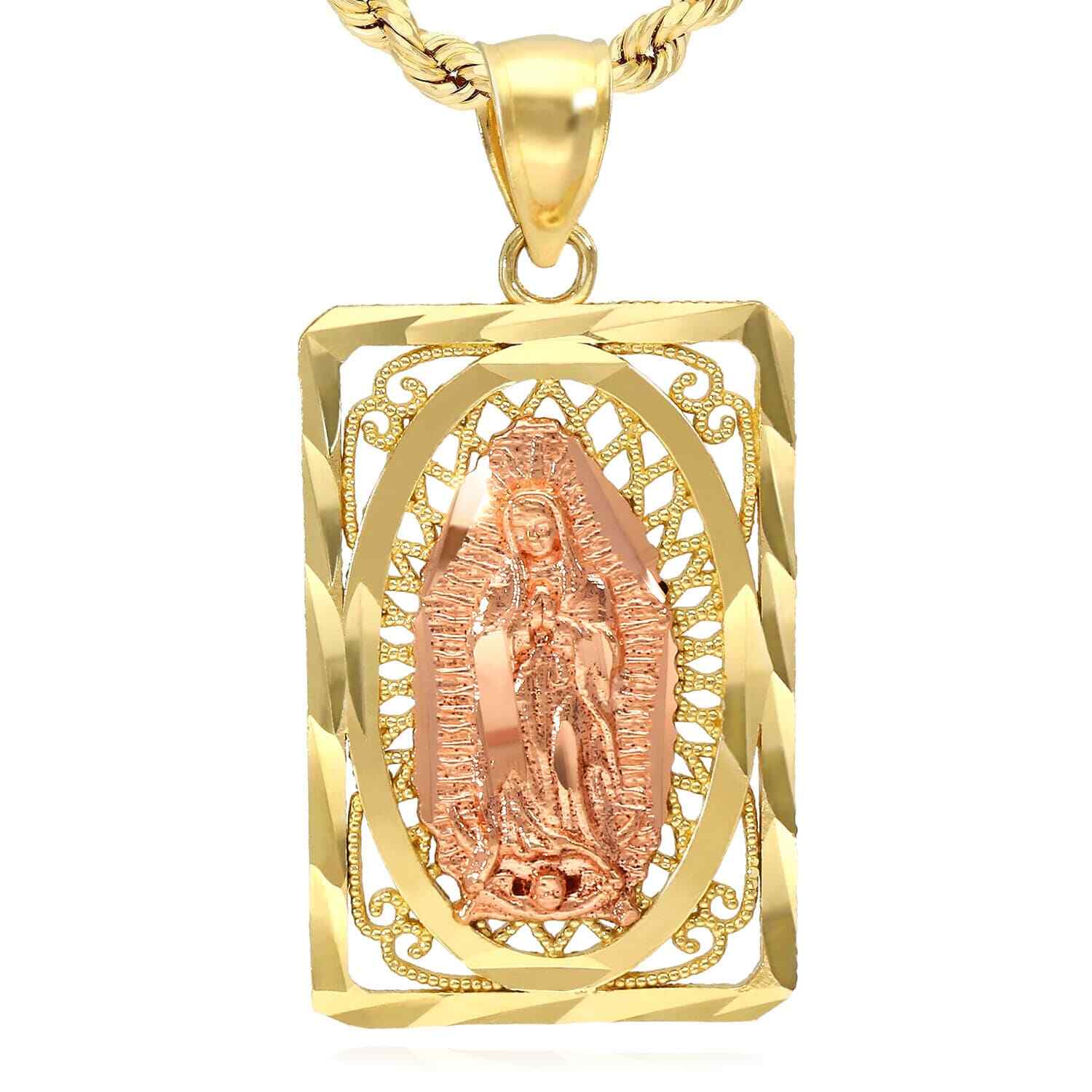 10K Gold Our Lady Of Guadalupe Rectangle Diamond-Cut Religious Pendant 0.8″-1.2″