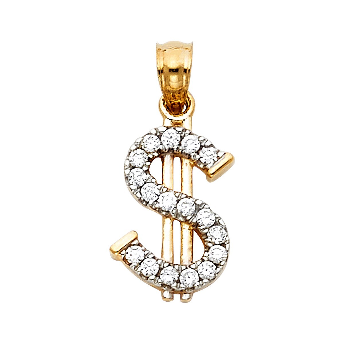 14K Yellow Gold Cubic Zirconia Dollar Sign Pendant For Necklace or Chain