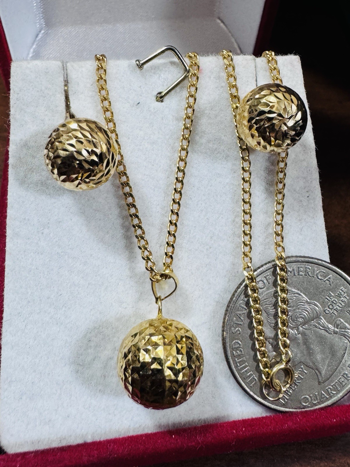18K 750 Real Fine Gold Women’s Balls Earring & Necklace 23.5/24” long 10.4g 2mm